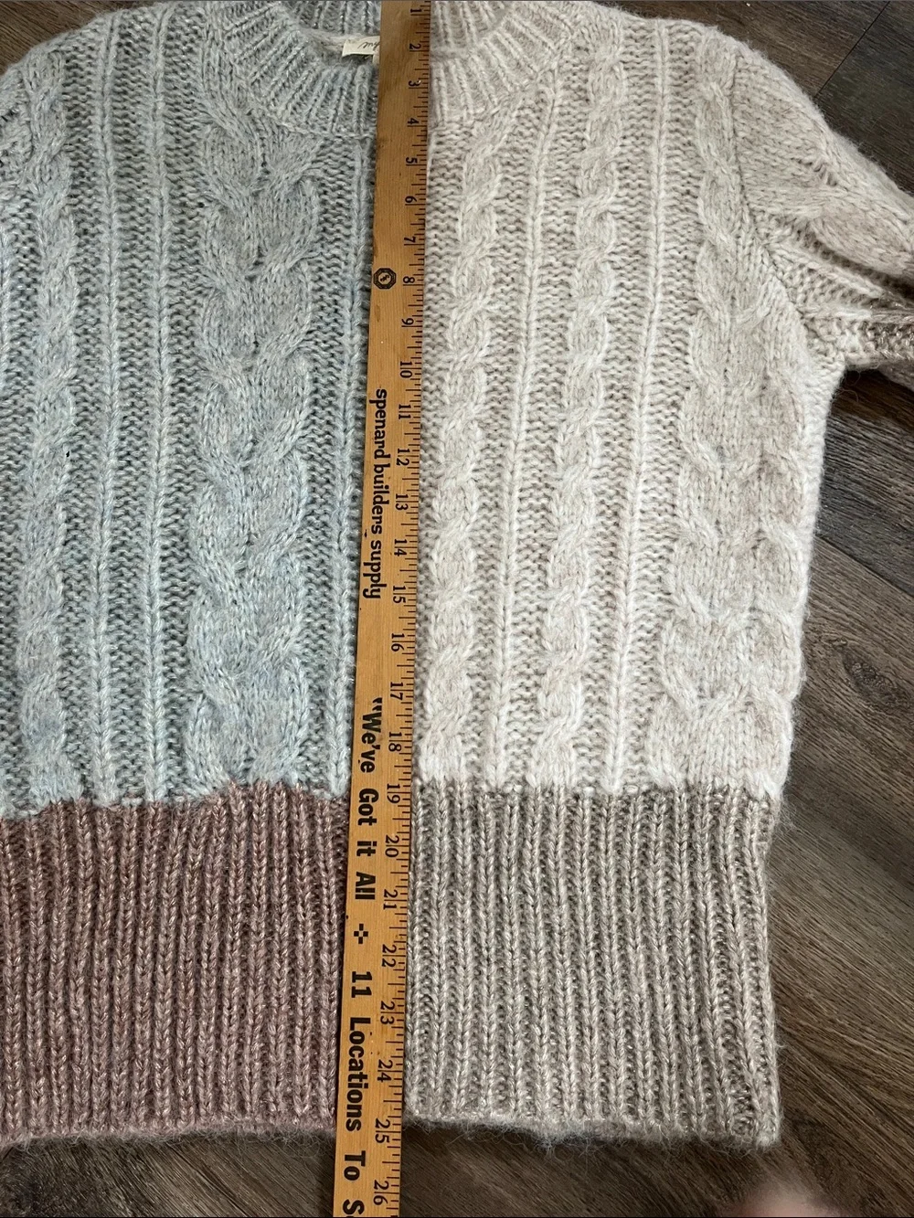 Mystree Two-Tone Cable Knit Crew Sweater - Gray & Dusty Pink Sz S